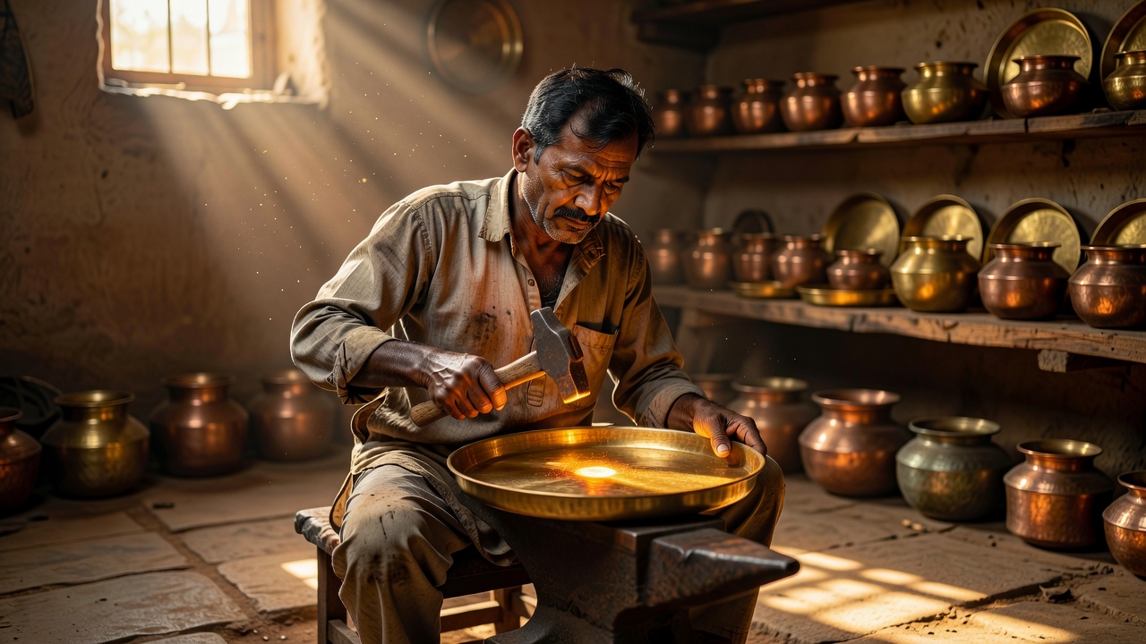 A Ram Metals artisan hand-hammering a golden brass thali in the workshop